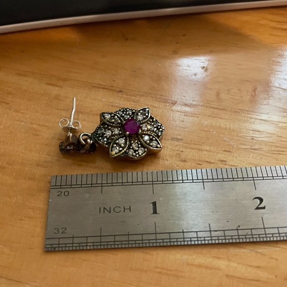 Turkish Sterling Silver Genuine Ruby Simulated White Topaz Dangle Earrings EUC - Picture 10 of 11